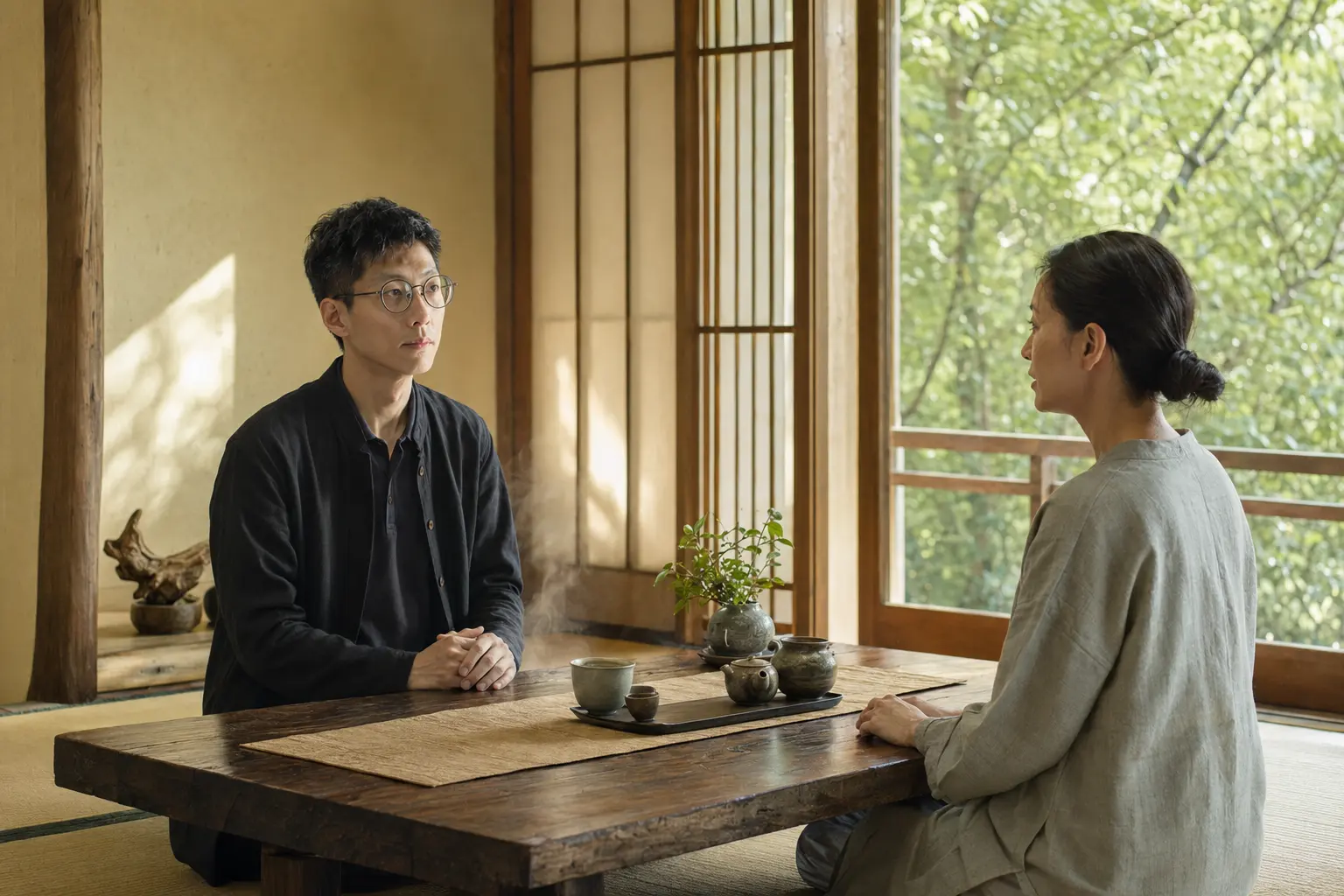 品牌情境影像：燃姜與成年來訪者在茶席前保持距離對談